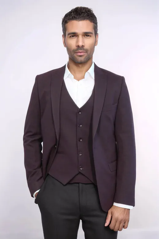 Düz Bordo Slim Fit Yelek Ceket Set | Wessi