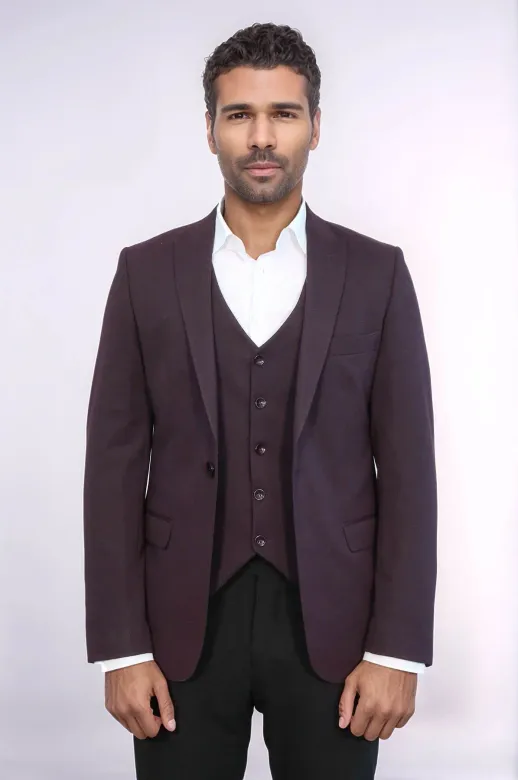 Düz Bordo Slim Fit Yelek Ceket Set | Wessi