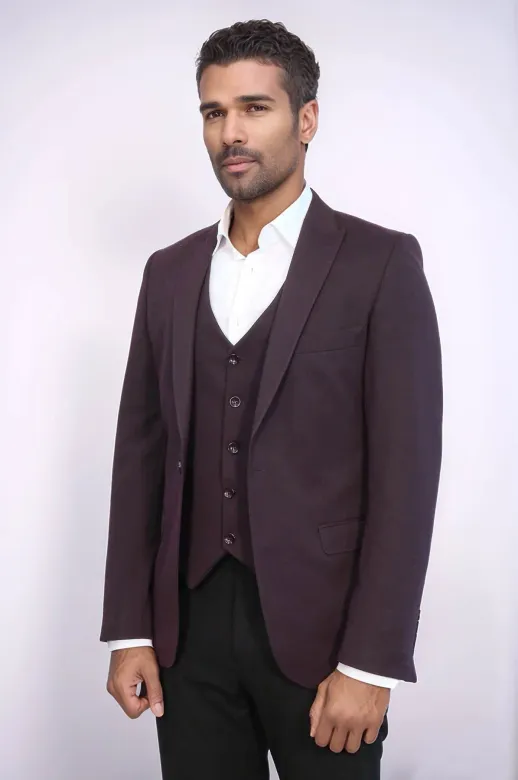 Düz Bordo Slim Fit Yelek Ceket Set | Wessi