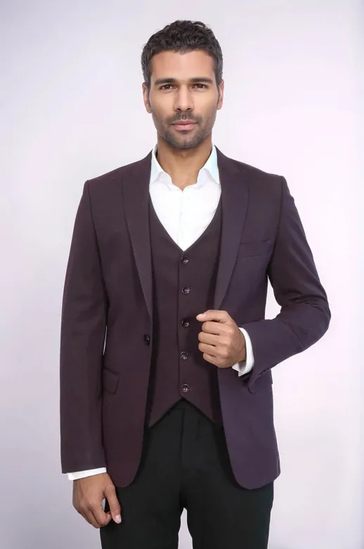 Düz Bordo Slim Fit Yelek Ceket Set | Wessi