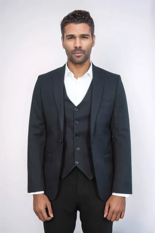Düz Koyu Lacivert Slim Fit Ceket Yelek Set - Wessi
