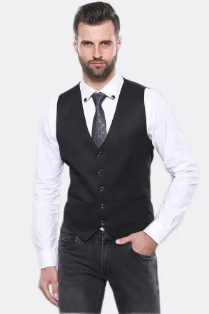 Düz Siyah Slim Fit Yelek Ceket Set - Wessi