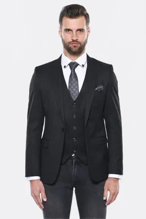 Düz Siyah Slim Fit Yelek Ceket Set - Wessi