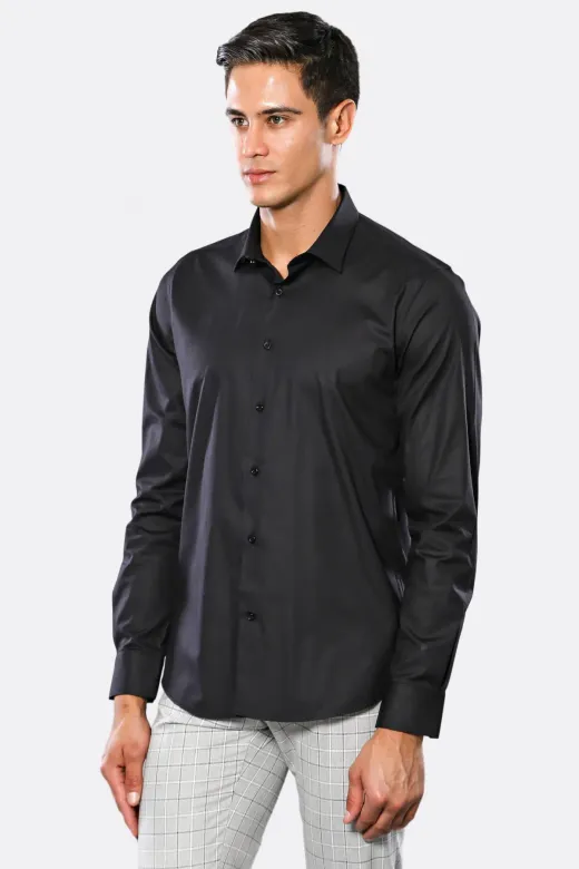 Düz Slim Fit Siyah Erkek Gömlek - Wessi - XXL / Siyah