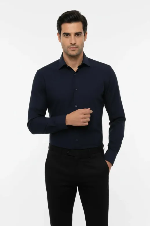 Düz Uzun Kollu Regular Fit Lacivert Erkek Gömlek - Wessi - S / Lacivert