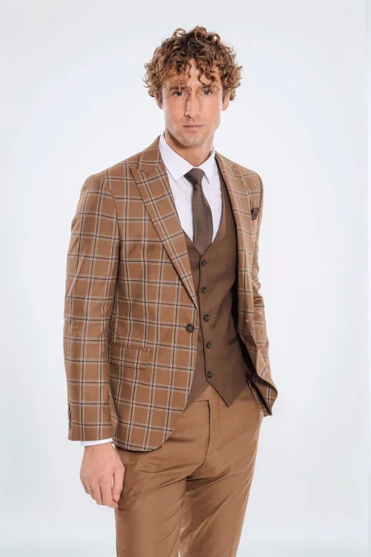 Ekose Ceketli Desenli Slim Fit Kahverengi Erkek Takım Elbise - Wessi