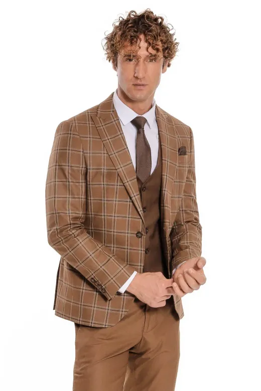 Ekose Ceketli Desenli Slim Fit Kahverengi Erkek Takım Elbise - Wessi
