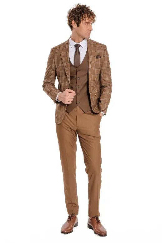 Ekose Ceketli Desenli Slim Fit Kahverengi Erkek Takım Elbise - Wessi
