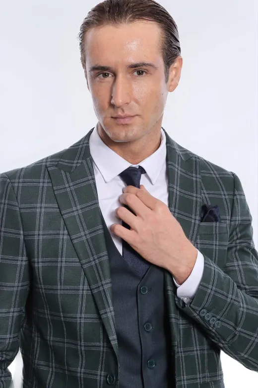 Ekose Ceketli Desenli Slim Fit Yeşil Erkek Takım Elbise - Wessi