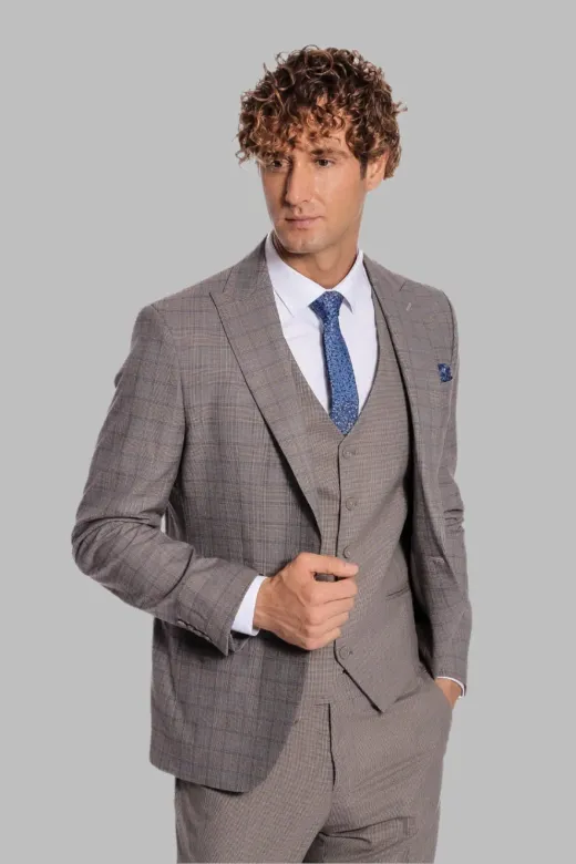 Ekose Ceketli Slim Fit Açık Kahve Erkek Takım Elbise - Wessi