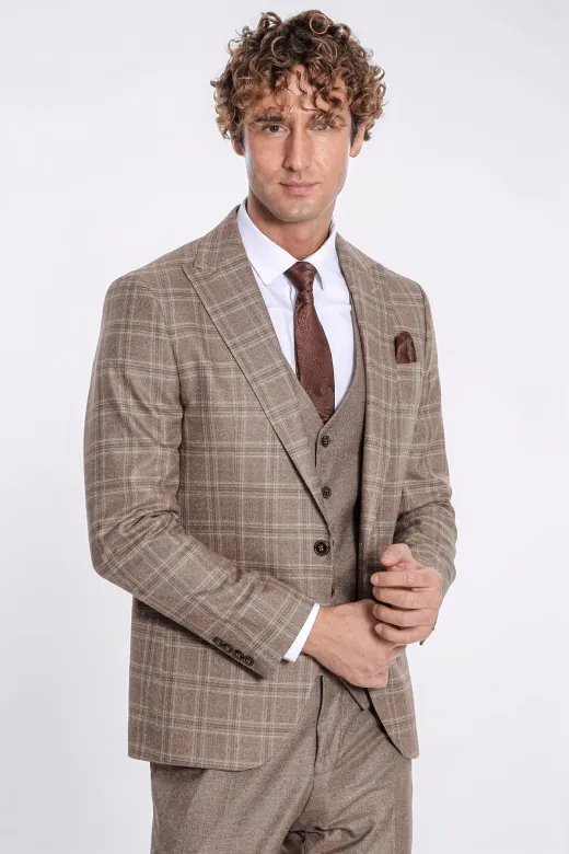 Ekose Ceketli Slim Fit Açık Kahverengi Erkek Takım Elbise - Wessi