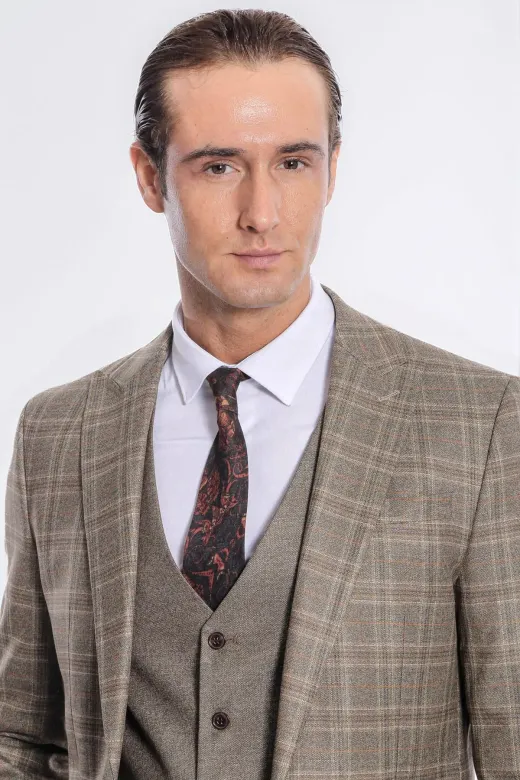 Ekose Ceketli Slim Fit Kahverengi Erkek Takım Elbise - Wessi