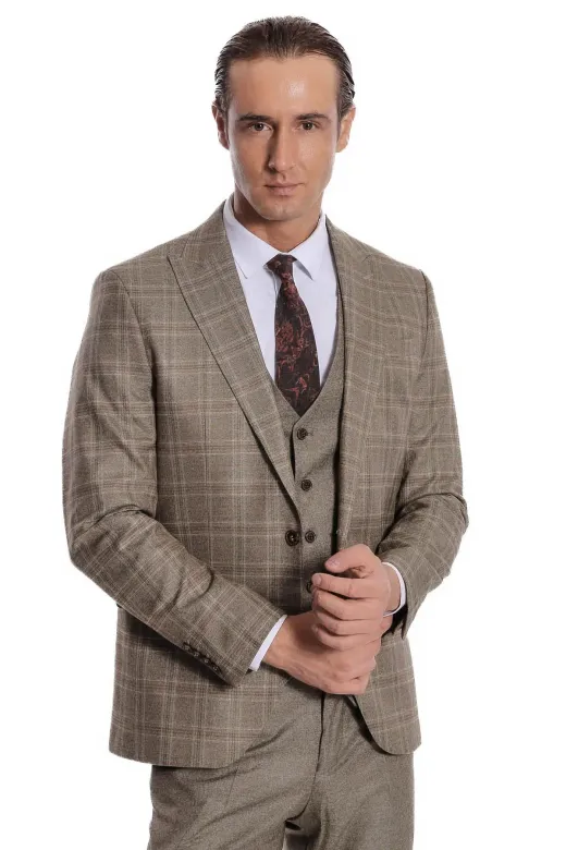 Ekose Ceketli Slim Fit Kahverengi Erkek Takım Elbise - Wessi