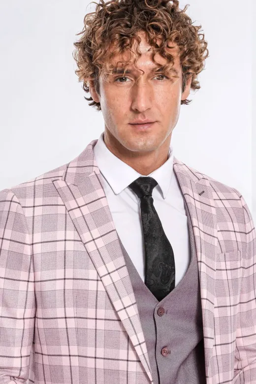 Ekose Ceketli Slim Fit Pembe Erkek Takım Elbise - Wessi
