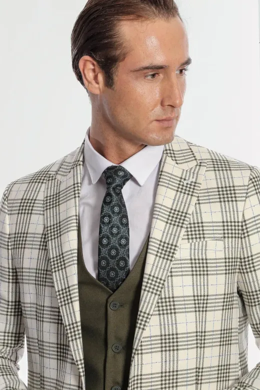 Ekose Ceketli Slim Fit Yeşil Erkek Takım Elbise - Wessi