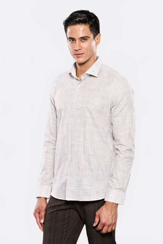 Ekose Desenli Bej Slim Fit Gömlek - Wessi - M / Bej