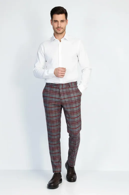 Ekose Desenli Slim Fit Koyu Mavi Erkek Pantolon - Wessi