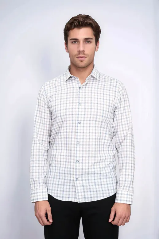 Ekose Desenli Slim Fit Krem Gömlek | Wessi - L / Krem