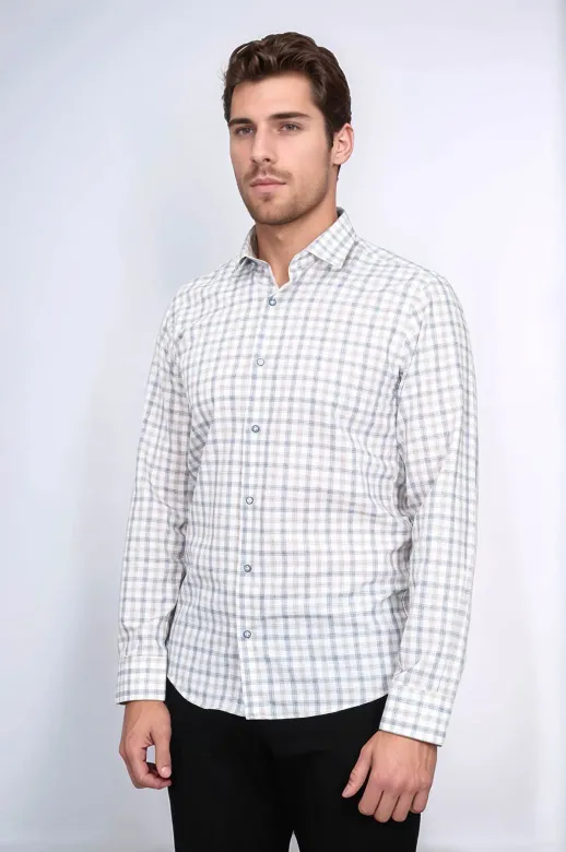 Ekose Desenli Slim Fit Krem Gömlek | Wessi - M / Krem
