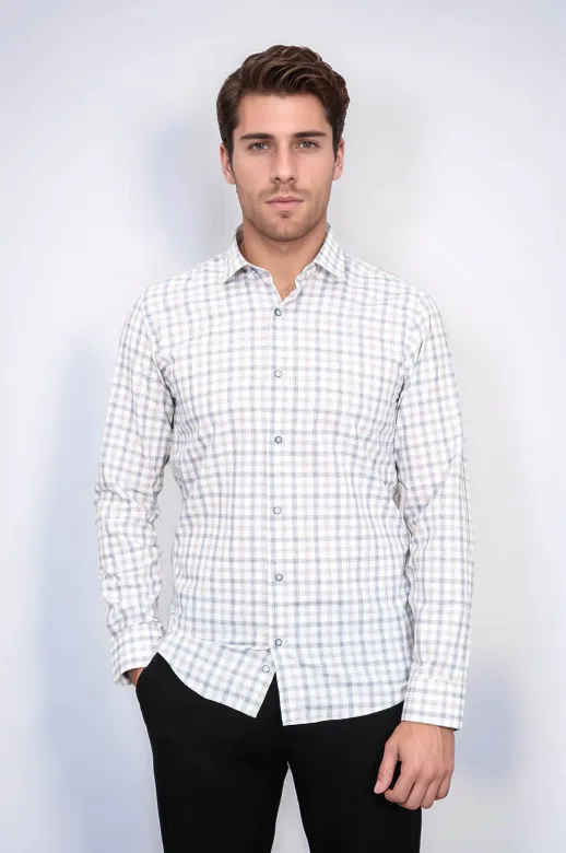 Ekose Desenli Slim Fit Krem Gömlek | Wessi - S / Krem