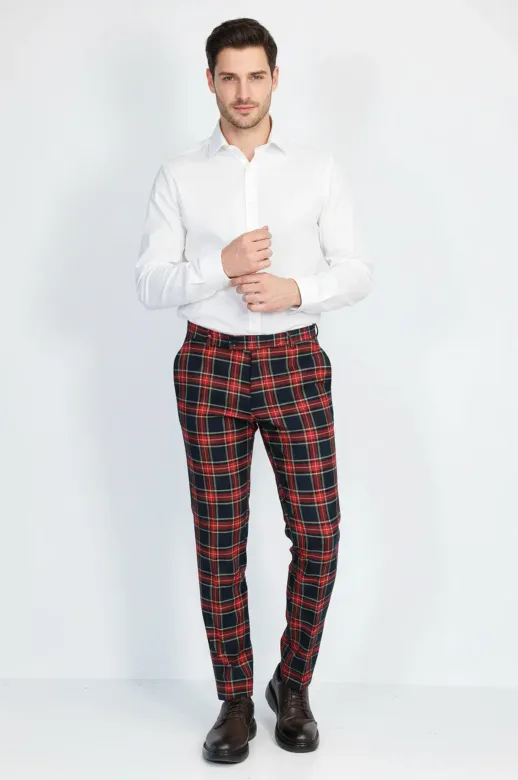 Ekose Desenli Slim Fit Lacivert Erkek Pantolon - Wessi