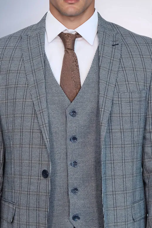 Ekose Lacivert Desen Slim Fit Yelekli Takım Elbise | Wessi