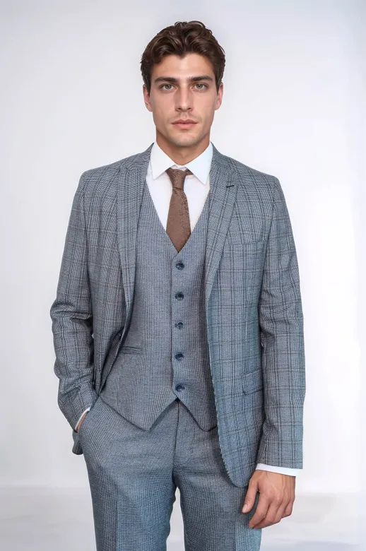 Ekose Lacivert Desen Slim Fit Yelekli Takım Elbise | Wessi