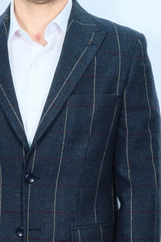 Ekose Sivri Yaka Lacivert Slim Fit Ceket - Wessi