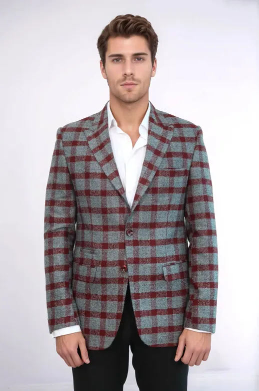 Ekose Sivri Yaka Slim Fit Bordo Erkek Ceket - Wessi