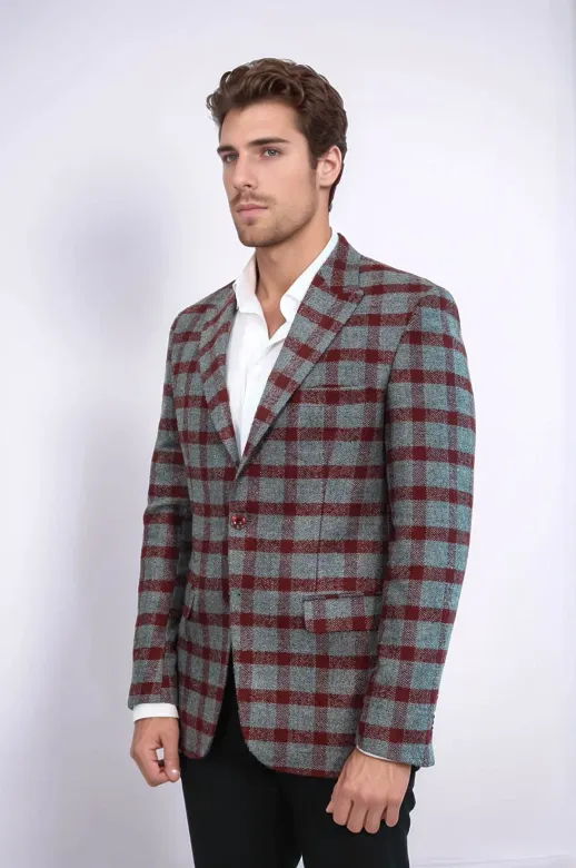 Ekose Sivri Yaka Slim Fit Bordo Erkek Ceket - Wessi