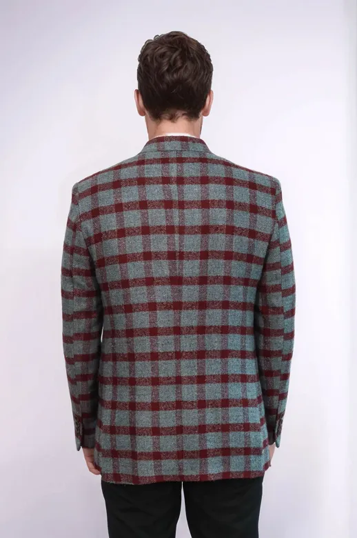 Ekose Sivri Yaka Slim Fit Bordo Erkek Ceket - Wessi