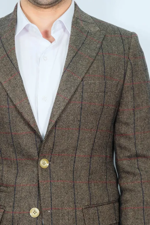 Ekose Sivri Yaka Slim Fit Kahverengi Ceket - Wessi