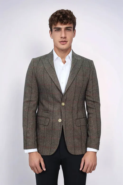 Ekose Sivri Yaka Slim Fit Kahverengi Ceket - Wessi