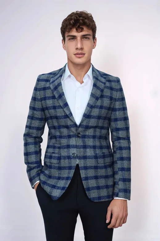 Ekose Sivri Yaka Slim Fit Mavi Erkek Ceket - Wessi