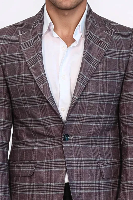 Ekose Slim Fit Bordo Erkek Ceket - Wessi