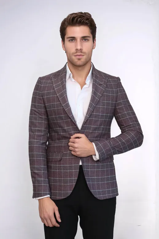 Ekose Slim Fit Bordo Erkek Ceket - Wessi
