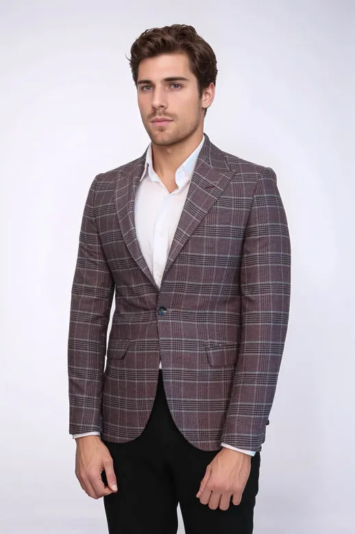 Ekose Slim Fit Bordo Erkek Ceket - Wessi