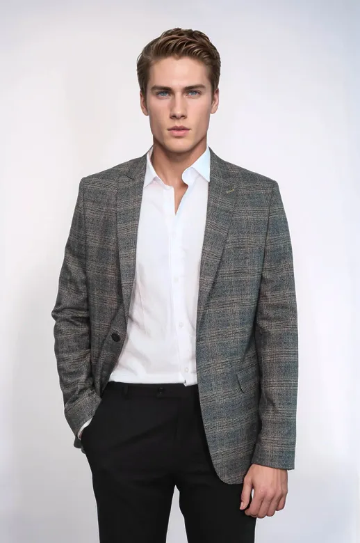 Ekose Slim Fit Füme Erkek Ceket - Wessi