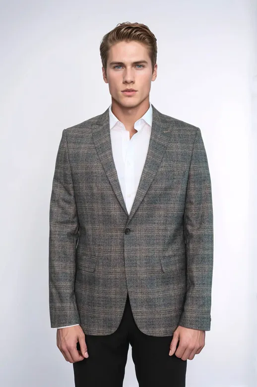Ekose Slim Fit Füme Erkek Ceket - Wessi