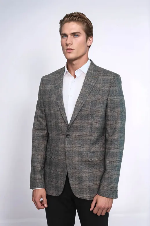Ekose Slim Fit Füme Erkek Ceket - Wessi