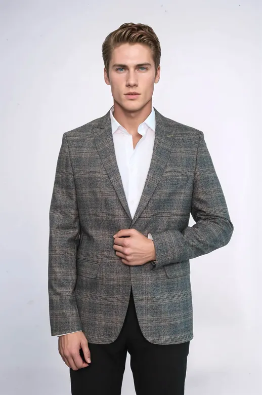 Ekose Slim Fit Füme Erkek Ceket - Wessi