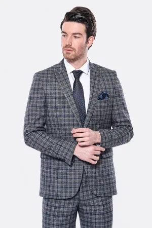 Ekose Slim Fit Lacivert Erkek Ceket - Wessi