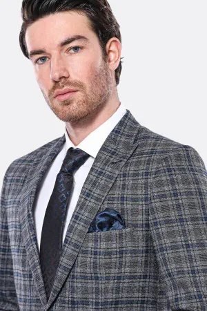 Ekose Slim Fit Lacivert Erkek Ceket - Wessi