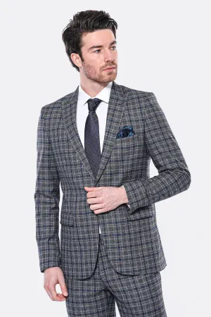 Ekose Slim Fit Lacivert Erkek Ceket - Wessi