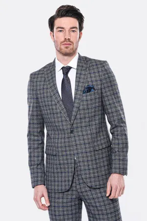 Ekose Slim Fit Lacivert Erkek Ceket - Wessi