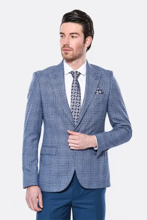 Ekose Slim Fit Tek Düğme Mavi Erkek Ceket - Wessi