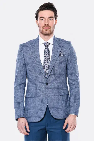 Ekose Slim Fit Tek Düğme Mavi Erkek Ceket - Wessi