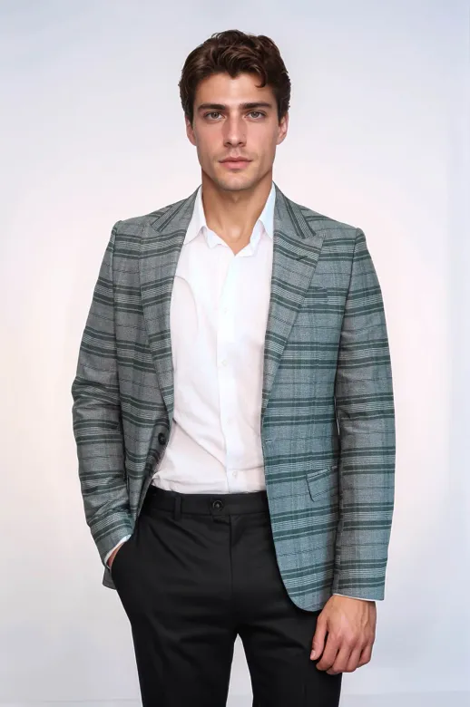 Ekose Slim Fit Tek Düğme Yeşil Erkek Ceket - Wessi