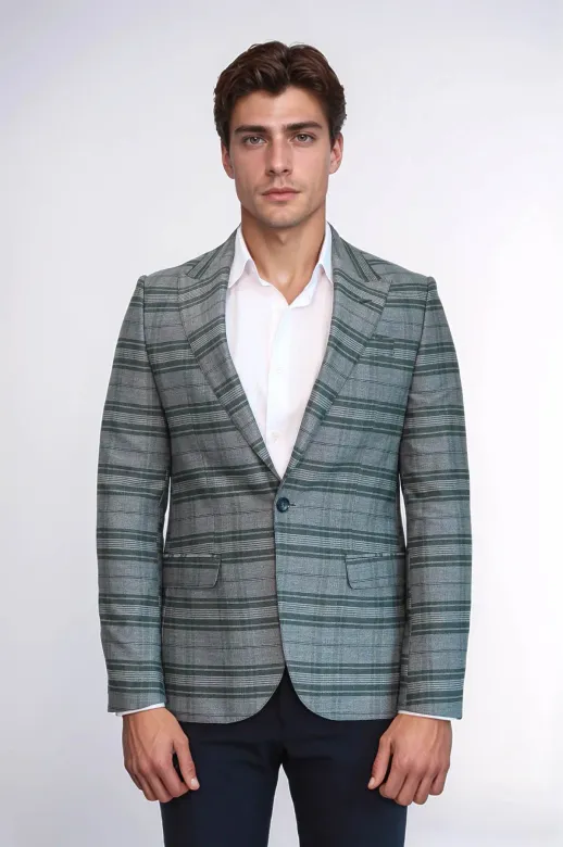 Ekose Slim Fit Tek Düğme Yeşil Erkek Ceket - Wessi