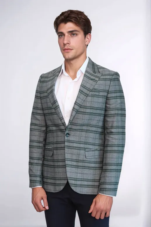 Ekose Slim Fit Tek Düğme Yeşil Erkek Ceket - Wessi